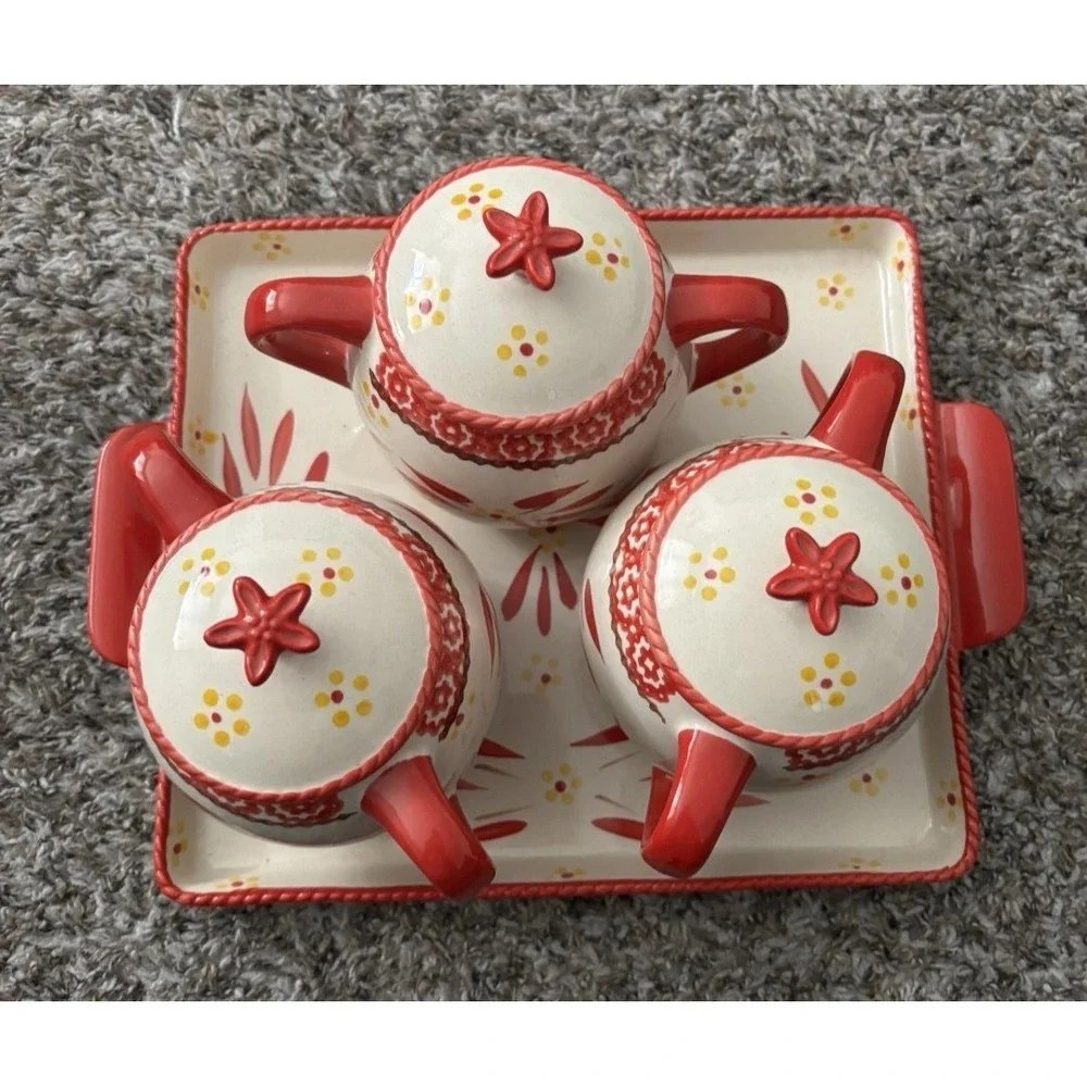 Temptations Old World‎ Red Hand Painted 4pc Soup + Sandwich Set Ceramic Dishes